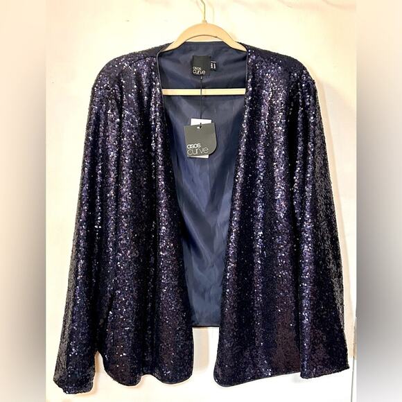 Nwt- Asos curve- Curve Blazer In Sequin-Sz 20 - midnight blue - Picture 3 of 6